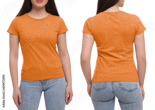 Collage with photos of woman in orange t-shirt on white background, closeup. Back and front views for mockup design