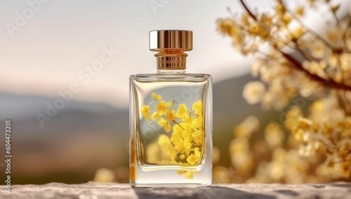 Transparent bottle of perfume with label on white background. concept in natural materials with yellow field flowers. Women s and men s essence generative ai variation 4