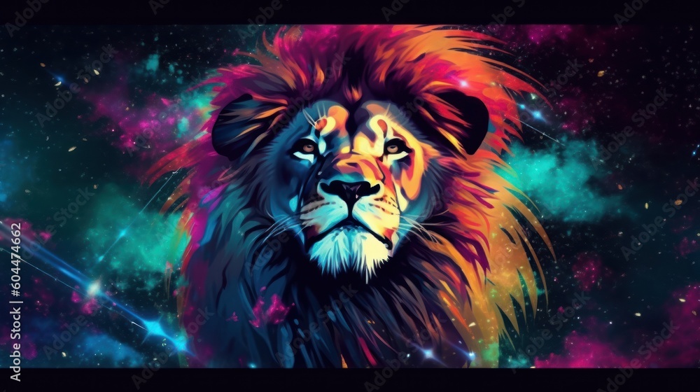 Majesty Lion in neon colours background