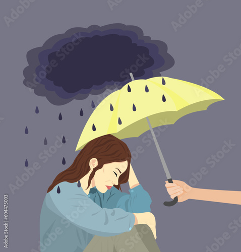 Empathy. Someone holding out umbrella to cover sad woman from rain on grey background, illustration. Comforting of unhappy person
