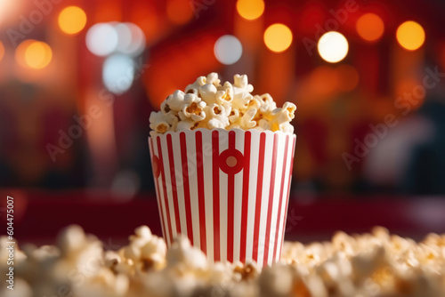Close up on a red and white striped popcorn cup with lots of popcorn in a movie theater with red seats.