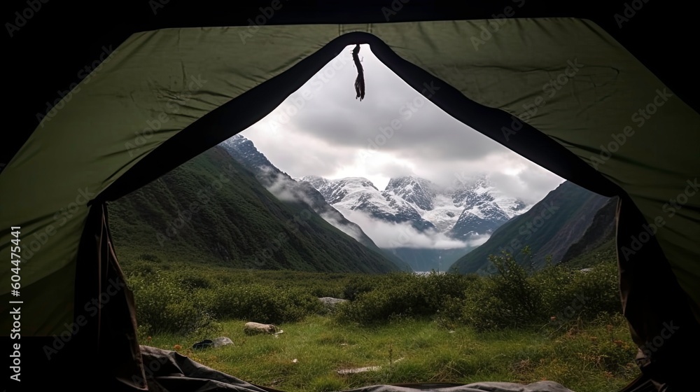 A Camping Adventure: A View of the Forest and the Mountains from Inside a Tent Generated by AI