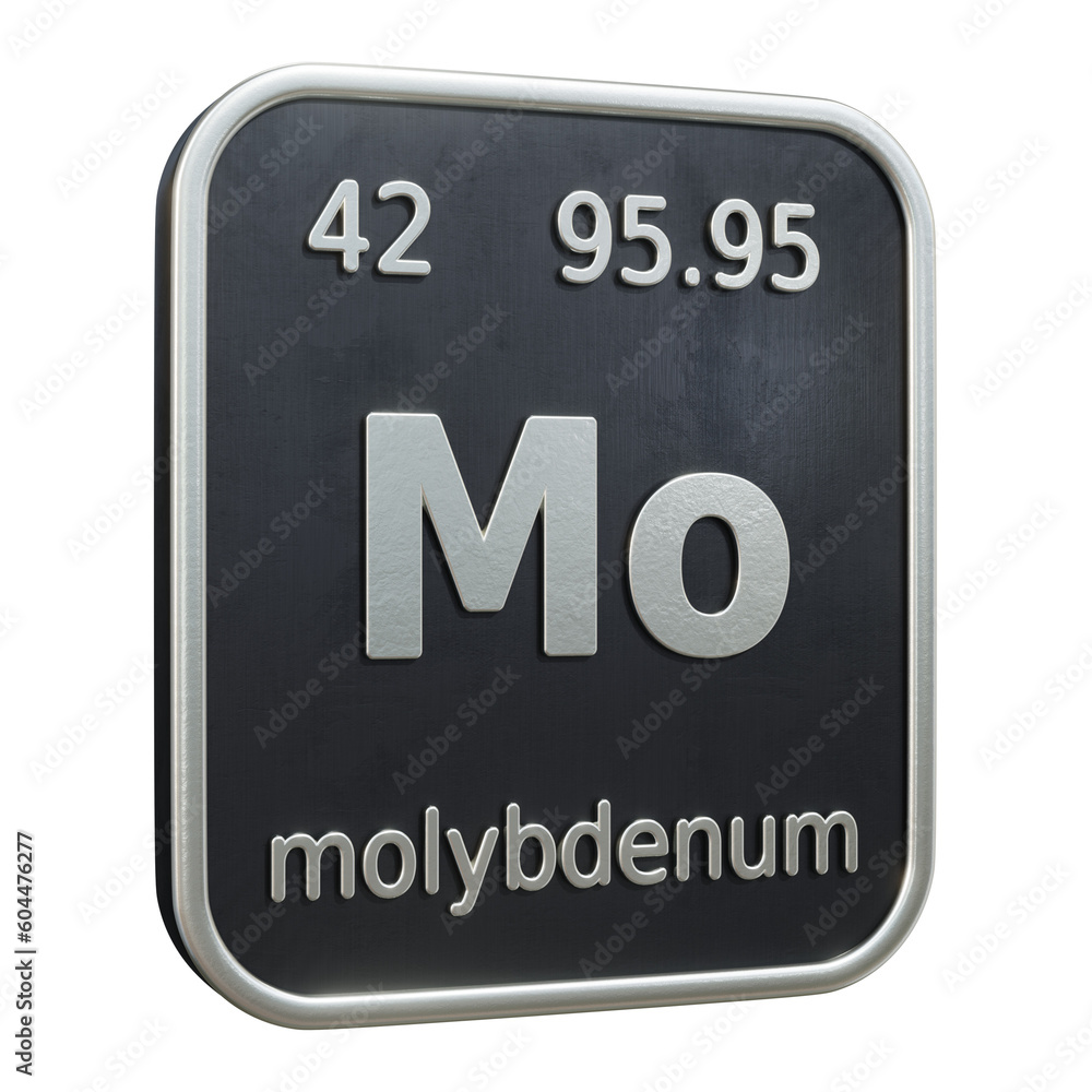Three-dimensional icon of the chemical element of Molybdenum isolated on transparent background. 3D rendering