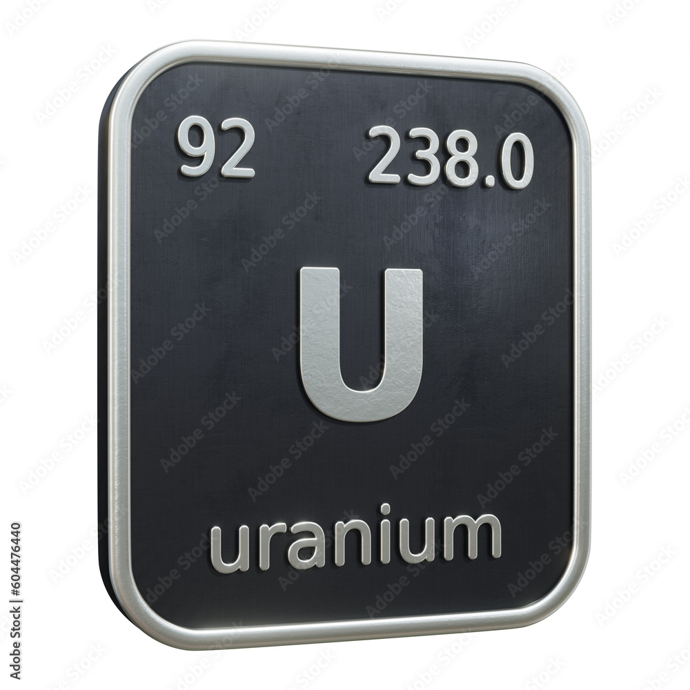 Three-dimensional icon of the chemical element of Uranium isolated on transparent background. 3D rendering