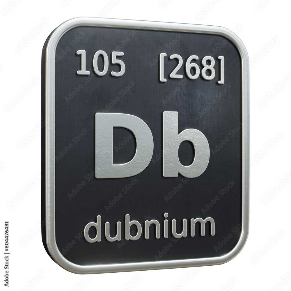 Three-dimensional icon of the chemical element of Dubnium isolated on transparent background. 3D rendering Three-dimensional icon of the chemical element of Dubnium isolated on transparent background. 3D rendering