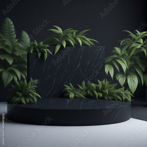 Black Stone product display podium with nature leaves background. Generative AI.