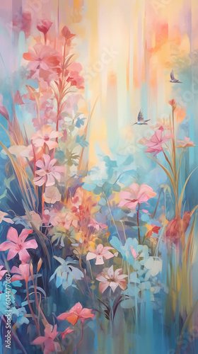 Een schilderij van weelderige planten, bloemen en bloemen in roze. AI generatief © SANGHYUN