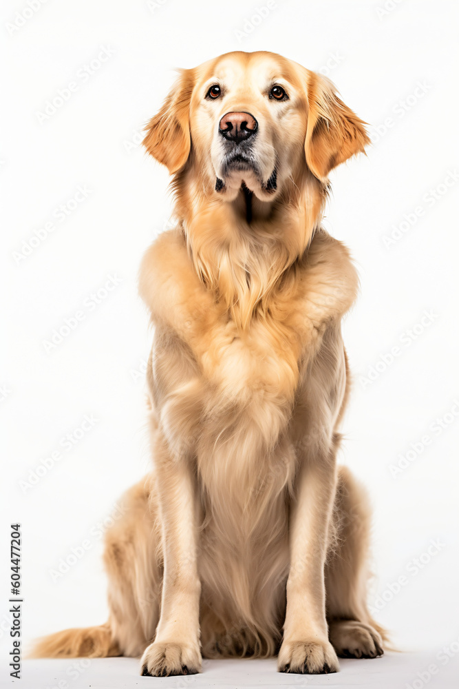 This image shows a golden retriever sitting on the ground, looking up at the camera with a serious expression. , Generative Ai