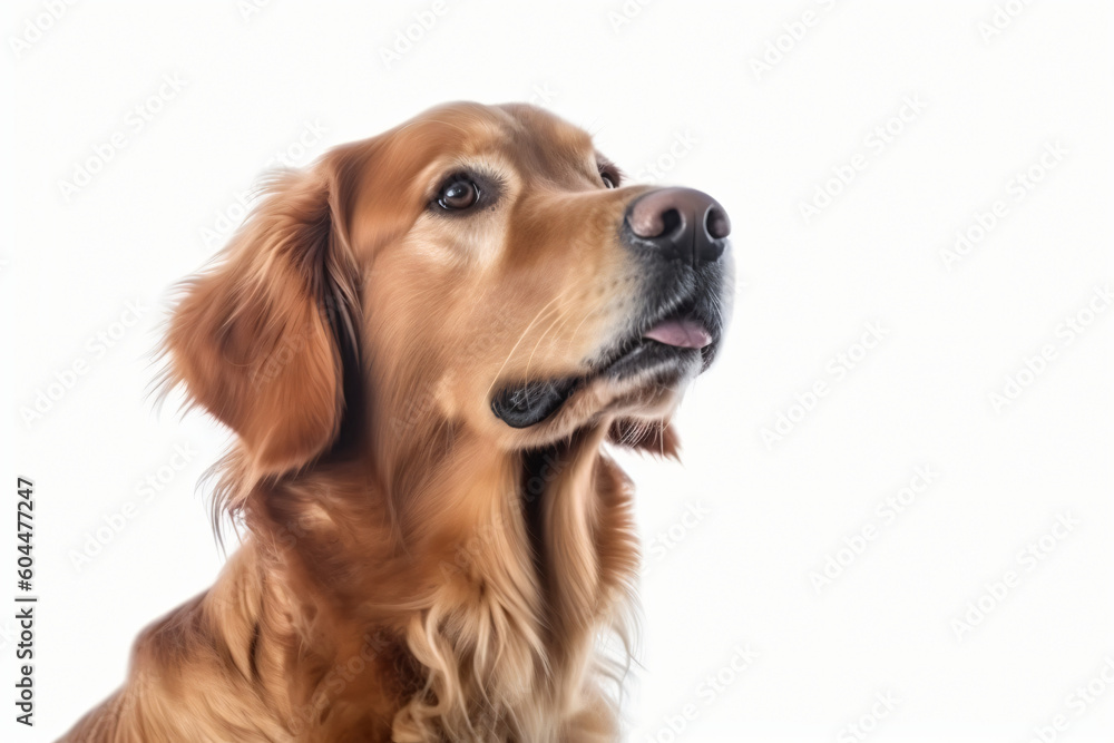 This image is of a golden retriever dog. The dog is looking up and has a long, floppy ear and a wagging tail, Generative Ai