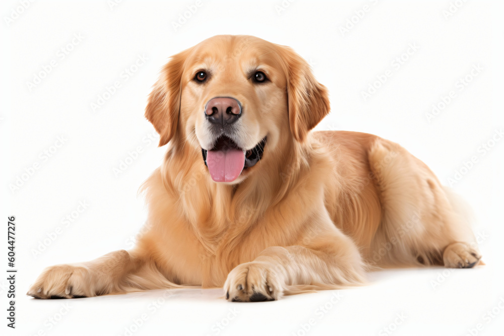 This image shows a golden retriever dog lying down on a white background, Generative Ai