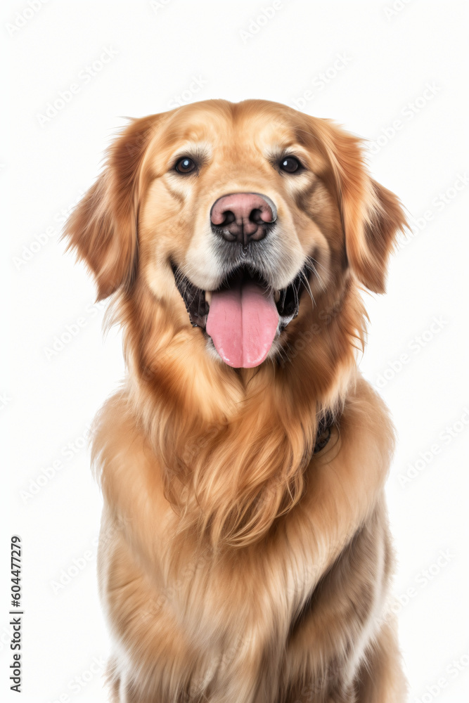 This image shows a golden retriever dog sitting on its hind legs with its tongue out, Generative Ai