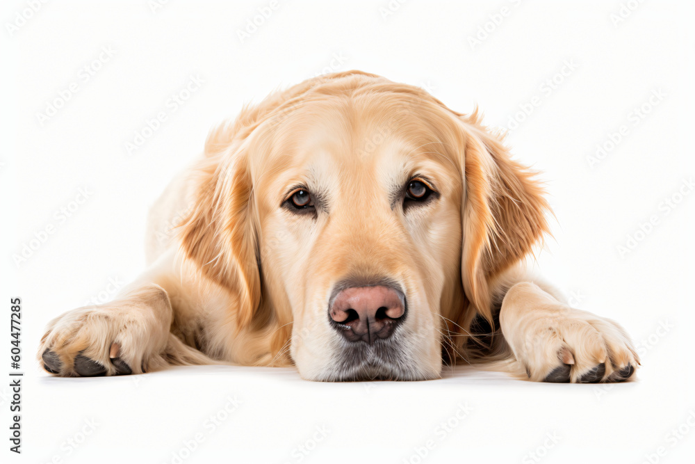 This image shows a golden retriever dog lying on its side with its head ...