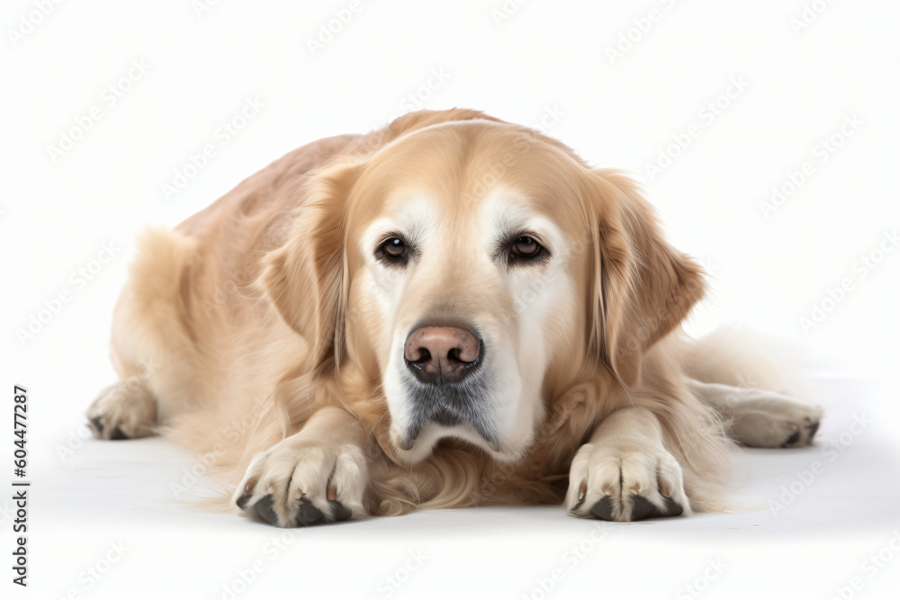 This image is of a golden retriever dog lying on its side with its head resting on its paws, Generative Ai