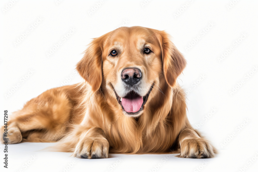 This image shows a golden retriever lying down on a white background, Generative Ai