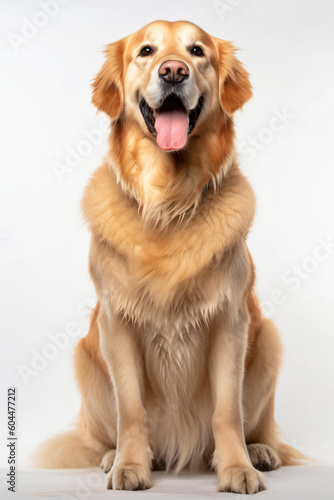 This image shows a golden retriever sitting down with its tongue out., Generative Ai