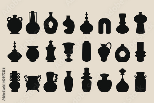 Black ink and silhouette isolated decoration vases, pots, and jars icons set design elements on light pink beige background poster