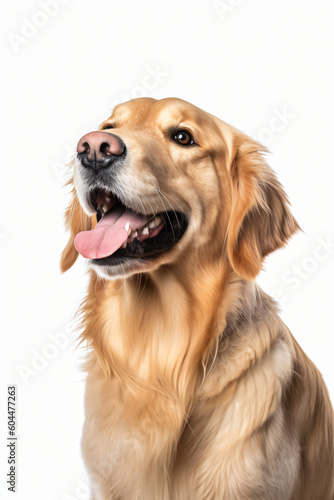 This image shows a golden retriever dog sitting on its hind legs with its tongue out, looking upwards, Generative Ai