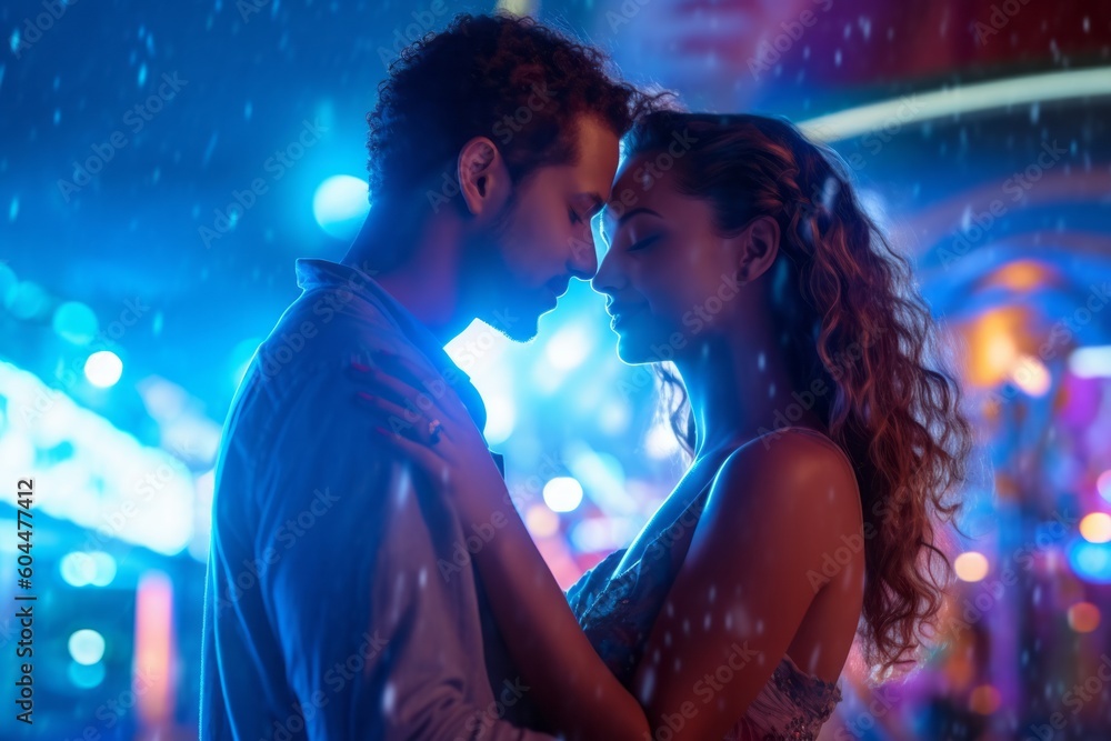 Young couple in love dancing in night club with lights on background. Ai generated. Young couple in love dancing in night club with lights on background. Ai generated.
