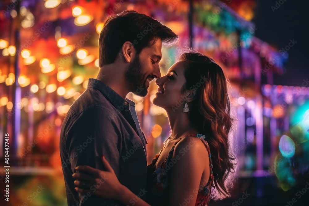 Beautiful young couple in love kissing on the background of the night city. Ai generated.