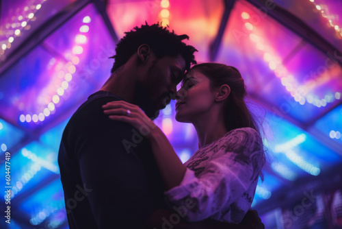 Young couple kissing in front of the stage lights at a music festival. Ai generated.