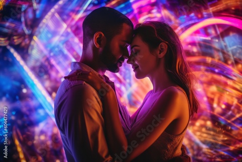 Couple in love. Side view of beautiful young woman hugging her handsome boyfriend and looking at each other while standing against glowing background. Ai generated.