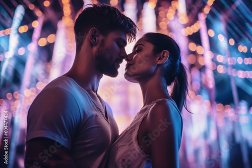 Photo Portrait of a young couple kissing in the city at night