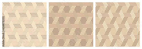 Geometric seamless pattern with polka dot texture. Abstract seamless print for clothes, cover  or interior design. Classic decor with creative details. Each pattern is isolated. Vector set.