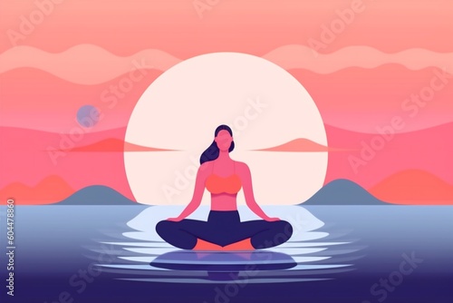woman body lotus sea yoga back relaxation person exercise meditation ocean. Generative AI. © VICHIZH