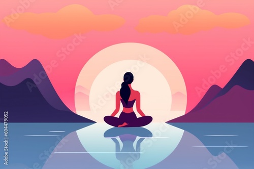 yoga woman exercise person relaxation lotus sea ocean fitness meditation back. Generative AI.