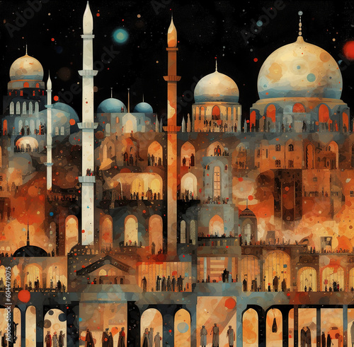 Cities and mosques of the future in a detailed painting - Created with Generative AI Technology
 #604479075