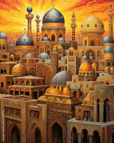 Cities and mosques of the future in a detailed painting - Created with Generative AI Technology 