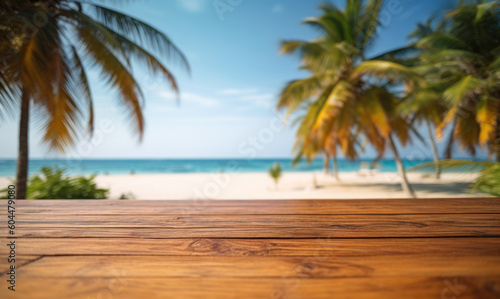 An empty wooden table with a tropical beach and palm trees in the background on a sunny day. A background for all creative holiday and travel themes.