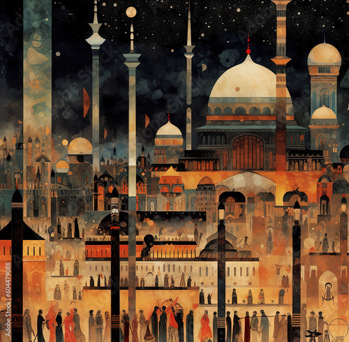 Cities and mosques of the future in a detailed painting - Created with Generative AI Technology
 #604479088