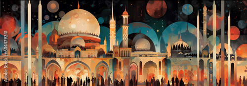 Cities and mosques in the future Arab Islamic - Created with Generative AI Technology 