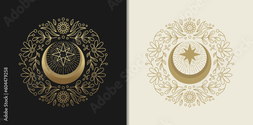Crescent Moon and Stellar Sparkles with Ornate Floral Engravings
