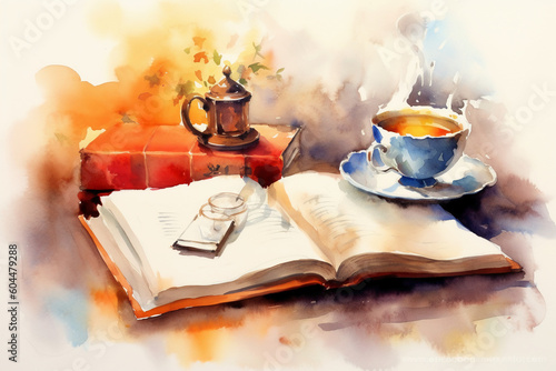 Open book on table in watercolor painting style. AI generative