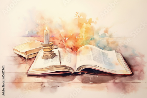 Open book on table in watercolor painting style. AI generative