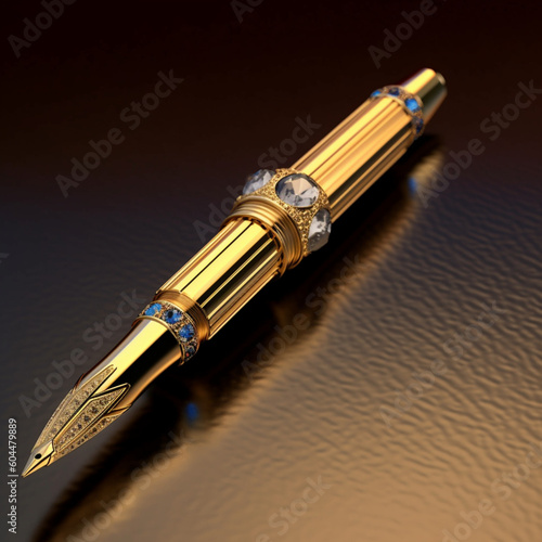 a gold-plated and precious-studded modern style pen on a desk, hyper realistic, hyper detailed, photographic, sharp colors, 8k. AI generated, human created.