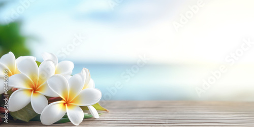 A wooden table with white frangipani flowers on the left and copy space on the right. Banner with negative space on the theme of vacation, spa, yoga and wellness.
