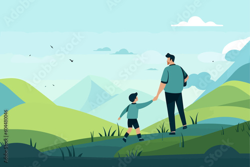 father and son playing in the park copy space banner, fathers day, children's day banner with copy space, cute kid and father enjoying in the park
