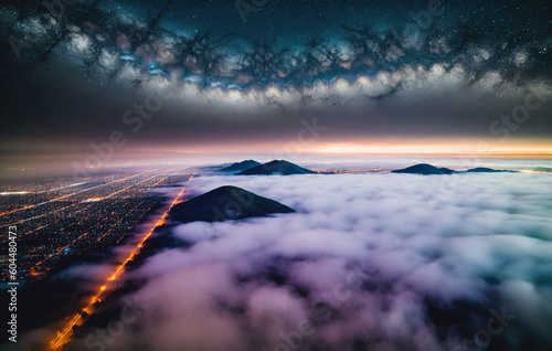Aerial view of clouds and fog over the city at night Generative AI.