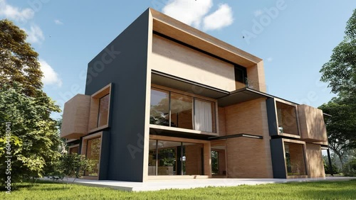 Modern large wooden mansion with pool and garden
