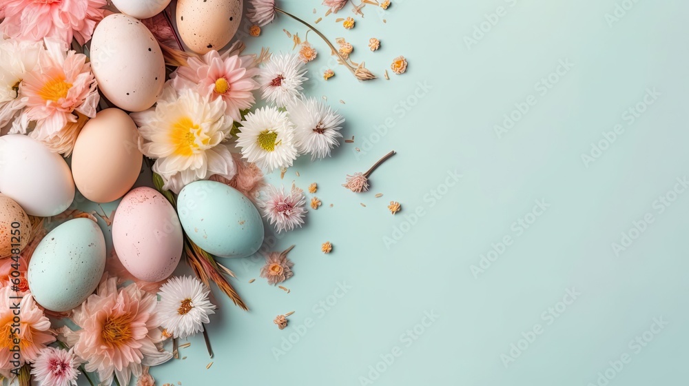Beautiful happy easter day background with nest ornaments, eggs and flowers Beautiful happy easter day background with nest ornaments, eggs and flowers