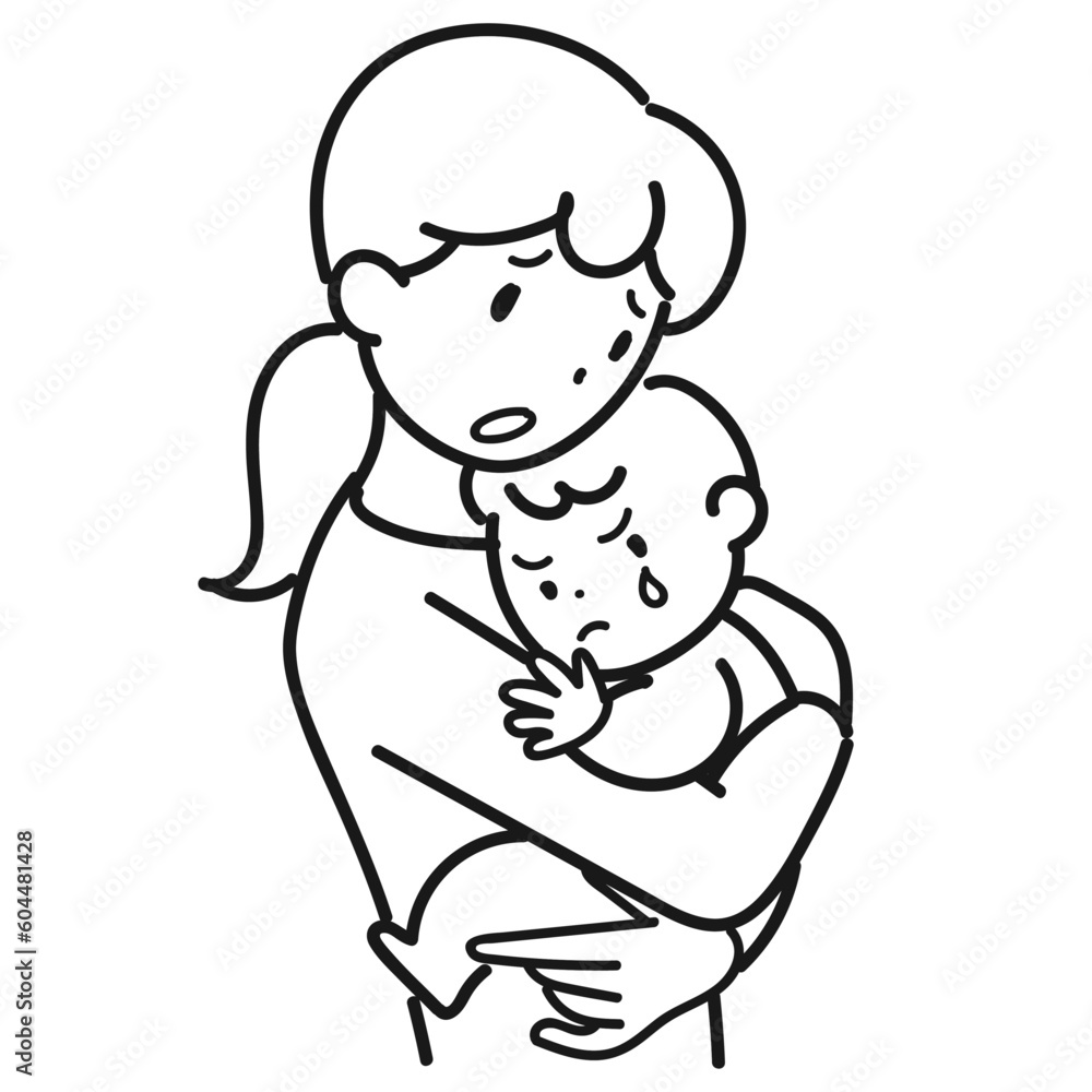 赤ちゃんの機嫌が悪くて困っている若い母親の上半身 赤ちゃんの機嫌が悪くて困っている若い母親の上半身