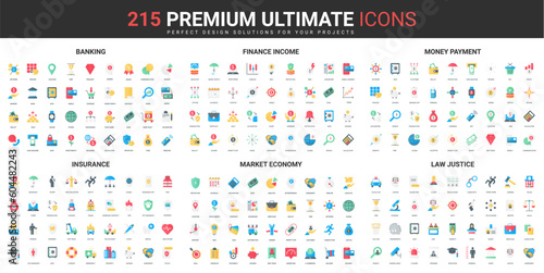 Finance and market economy color flat icons set vector illustration. Abstract symbols of banking and insurance of financial income and money payment, law justice simple design for mobile and web apps