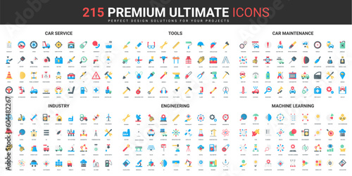 Industry color flat icons set vector illustration. Abstract symbols of tools and equipment for engineering and car maintenance service, machine learning simple design for mobile and web apps