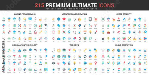 Network communication, cyber security color flat icons set vector illustration. Abstract symbols of programming and information technology, cloud computing simple design for mobile and web apps