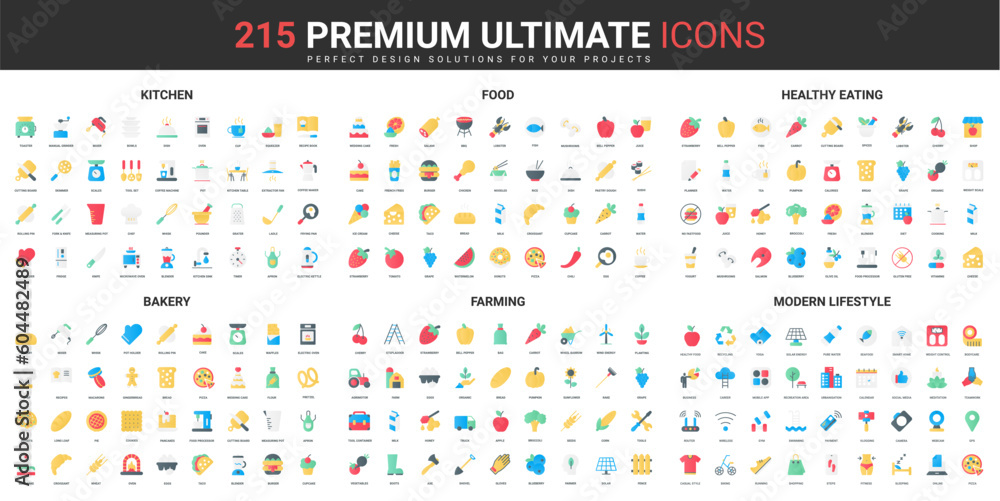 Healthy eating, modern lifestyle, kitchen and bakery equipment color flat icons set vector illustration. Abstract symbols of agriculture farming, organic food simple design for mobile and web apps Healthy eating, modern lifestyle, kitchen and bakery equipment color flat icons set vector illustration. Abstract symbols of agriculture farming, organic food simple design for mobile and web apps