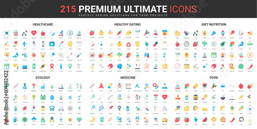 Food, ecology and medicine color flat icons set vector illustration. Abstract symbols of medical diagnostic and healthcare, health menu, environmental resources simple design for mobile and web apps