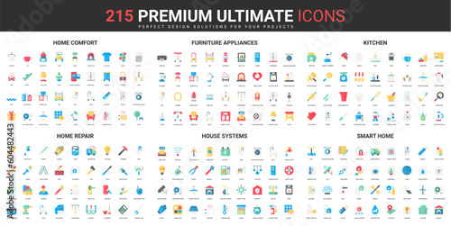 House systems for comfort, smart home color flat icons set vector illustration. Abstract symbols of modern furniture and kitchen appliances, repair equipment simple design for mobile and web apps